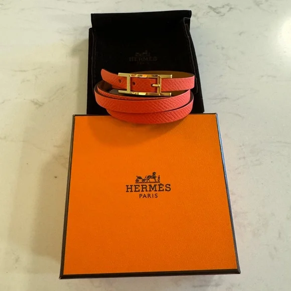Hermes behapi double tour leather bracelet classic orange gold authentic - Picture 3 of 9